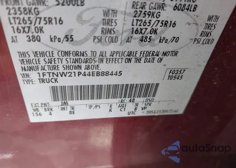 2004 Ford F-250 Lariat/Xl/Xlt из США, поврежденный, VIN 1FTNW21P44EB88445